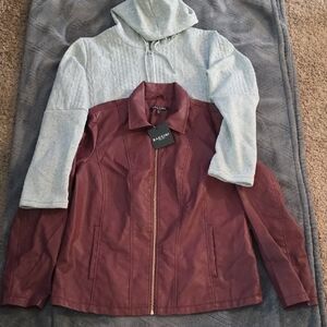 2 New 1 SHIEN Sweater Hooded Gray & Baccini Women's Burgundy Leather Jacket